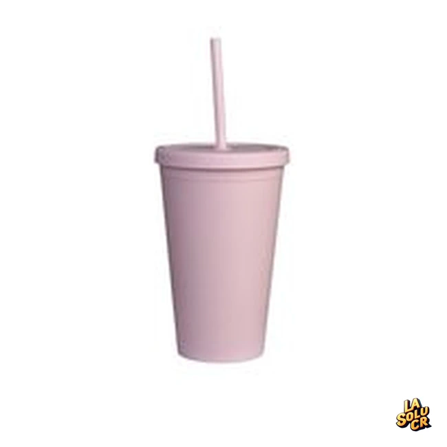 Vaso rosa plástico 16 oz, doble pared, tapa rosca