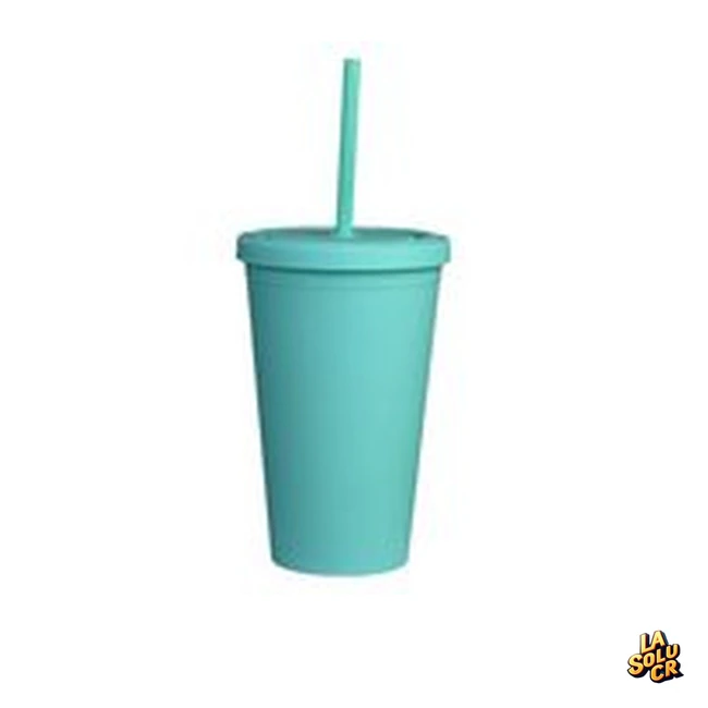 Vaso turquesa plástico 16 oz, doble pared, tapa rosca
