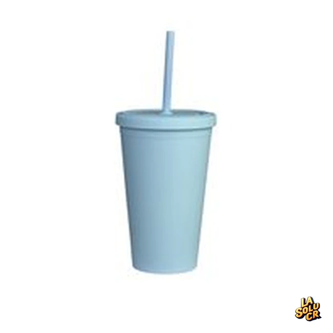 Vaso celeste plástico 16 oz, doble pared, tapa rosca