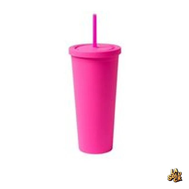 Vaso rosa neón plástico 24 oz, doble pared, tapa rosca